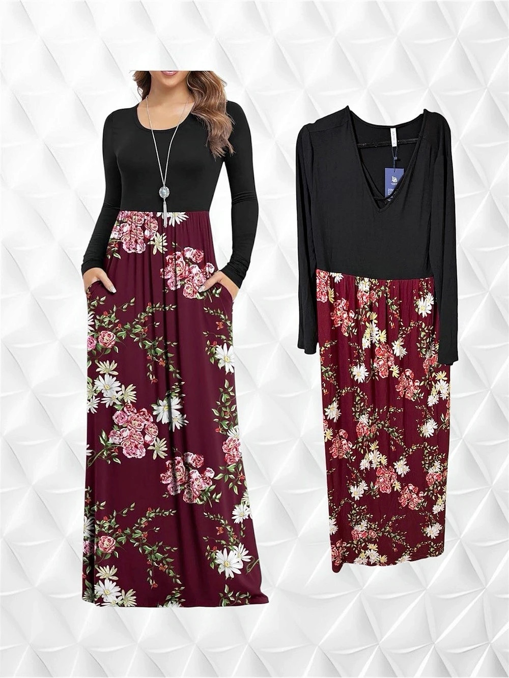 LILBETTER Women's 3X Long Sleeve Criss-Cross V-Neck Floral Maxi Dress Black & Bu